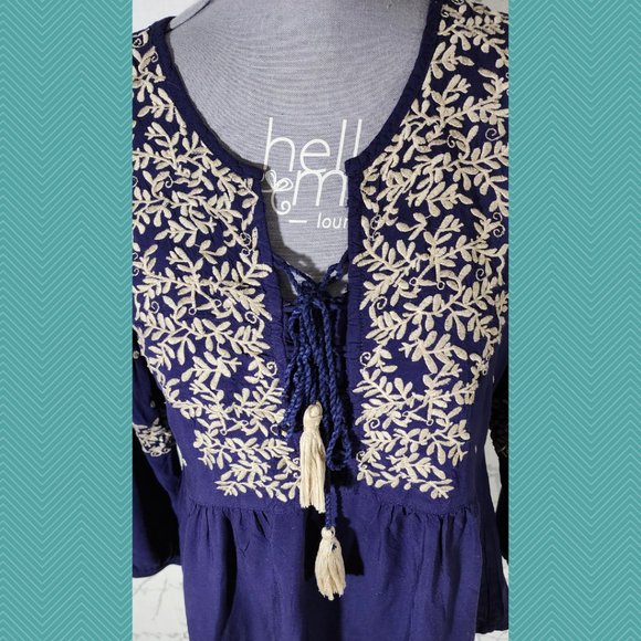 Solitaire Purple Gold Floral Embroidered Tie Front Peasant Blouse - Picture 2 of 5